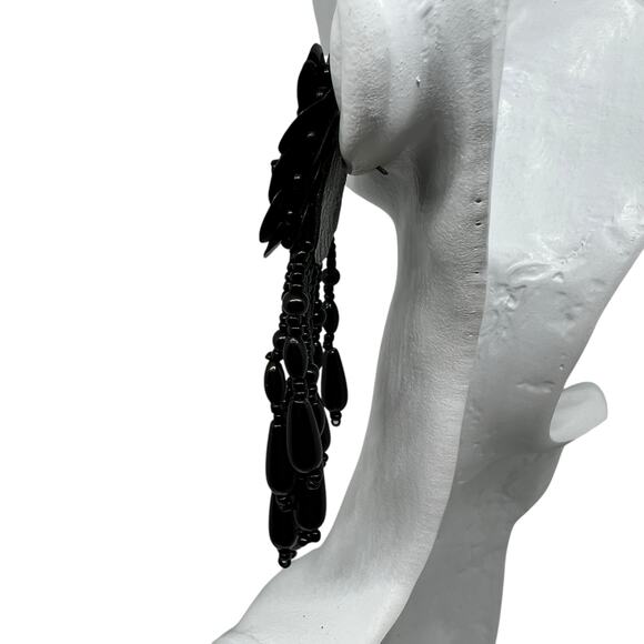 Dramatic Black Flower Sequin Beaded Fringe Statement Earring - Gothic Glamour - Picture 6 of 8